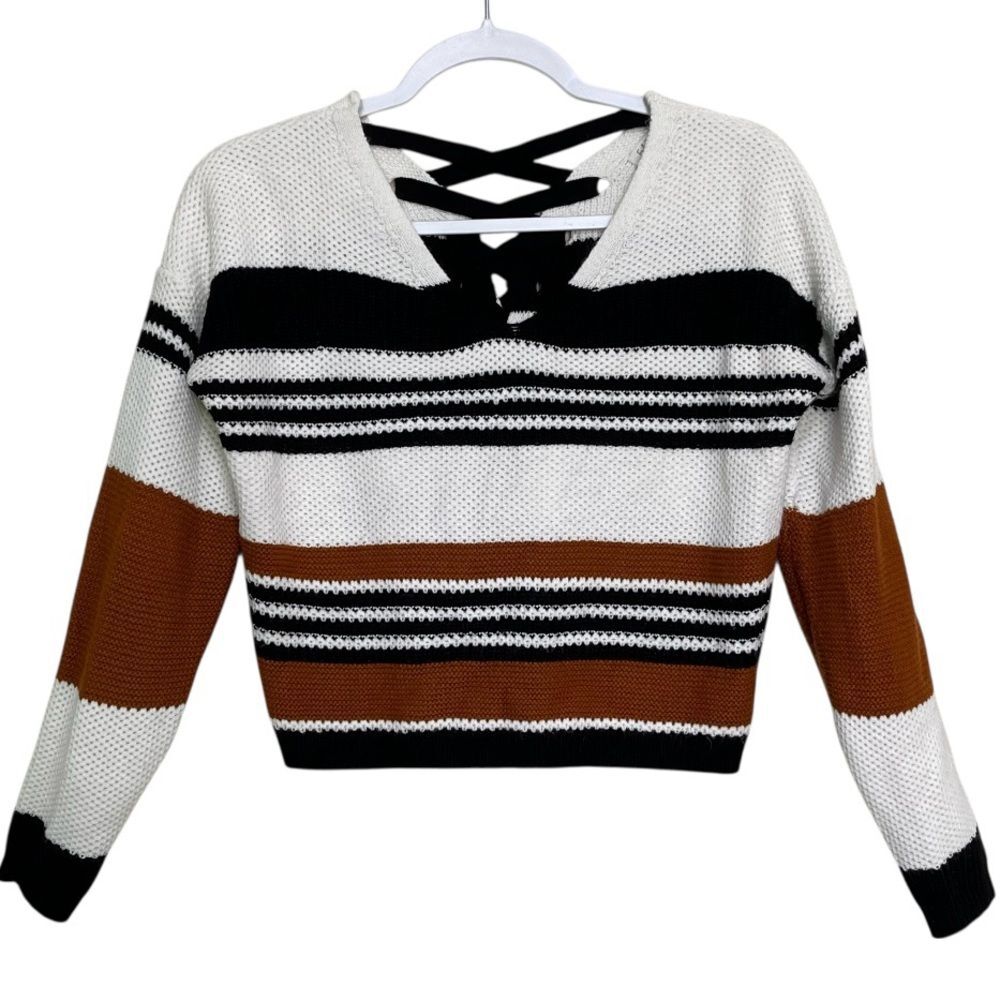 Full Circle Trends Crop Sweater Striped V-Neck Lace up Back Boxy Boho Size S
